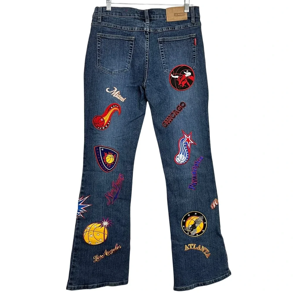LE MORE Vintage 90's Size 9‎ Embroidered NBA Patch Flare Jeans Retro Y2K Style